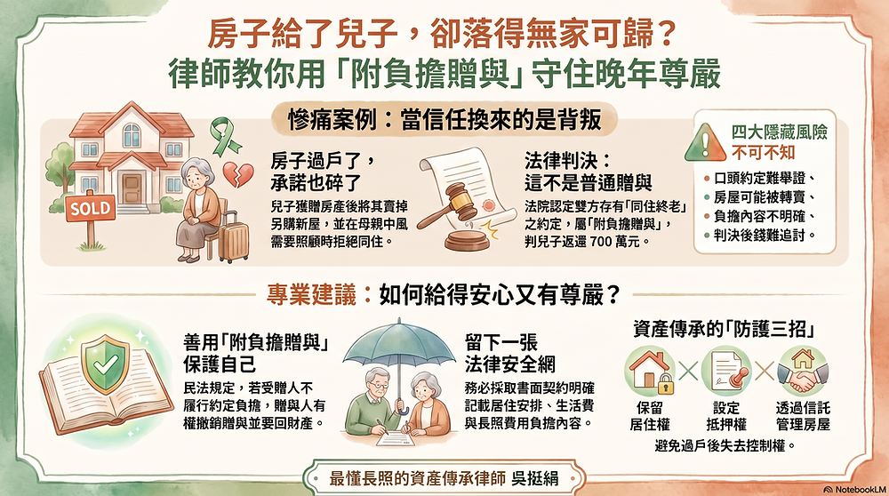 兒子，你說過會照顧我到終老-從一間被賣掉的房子，看懂「附負擔贈與」如何守住一位老母親最後的尊嚴-天使律師吳挺絹